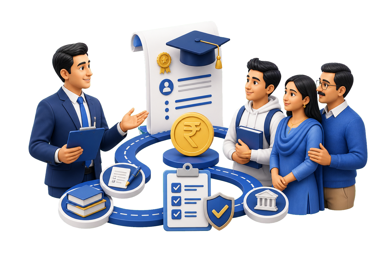 Education-loan adviser helping a student and parent prepare a funding plan